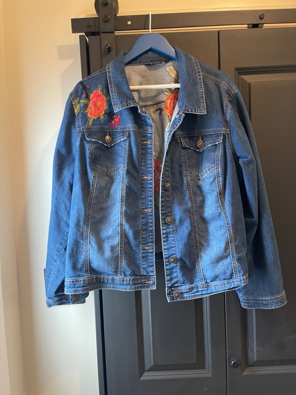 Baccini Denim Jacket with Red Floral Embroidery - Blue